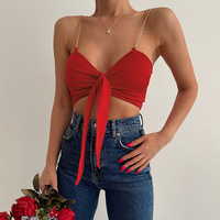 Metal Shoulder Strap V Neck Cut Out Tank Top Halter Crop Tops Women Bare Midriff Backless Camisole Female Cropped Vest