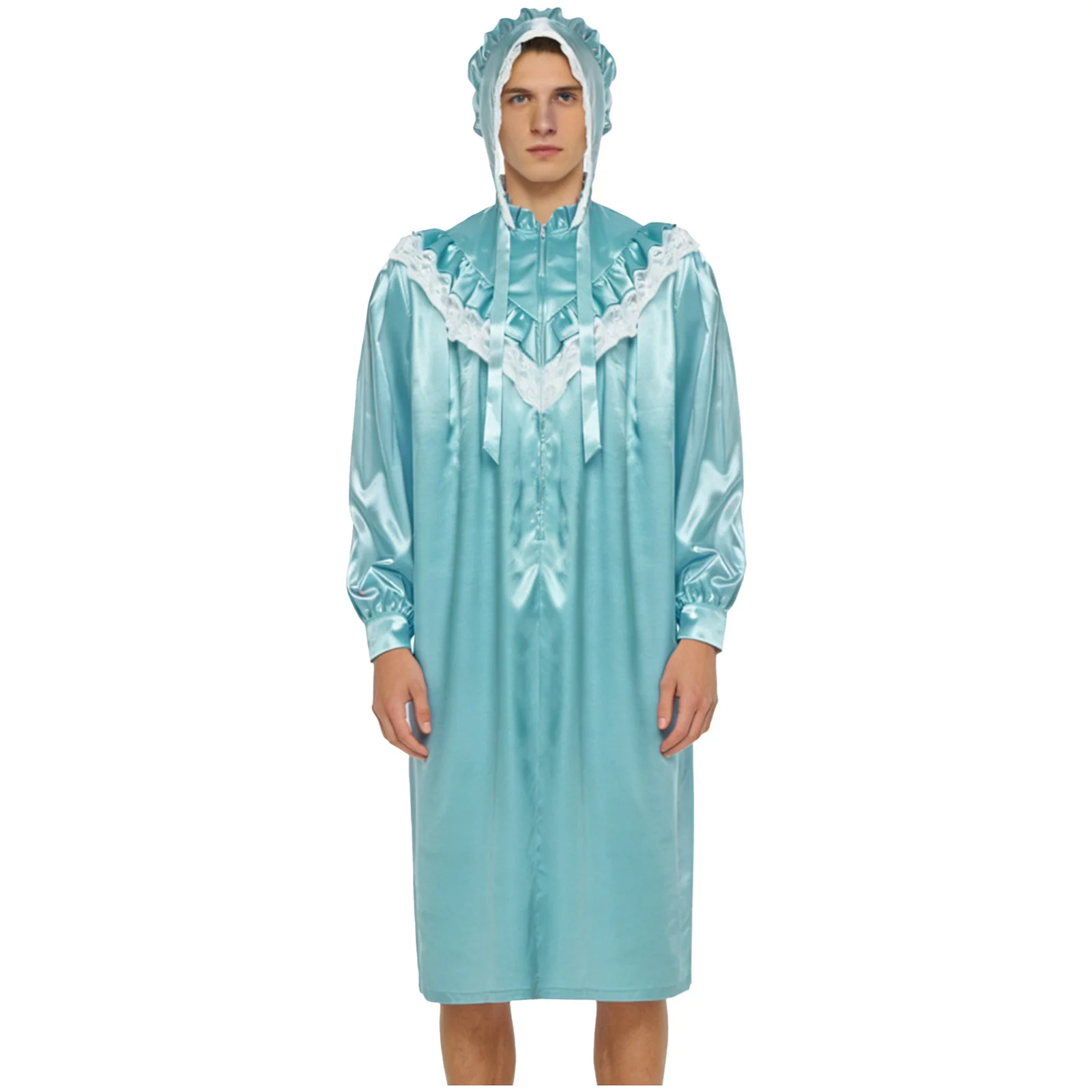 Herren-Pyjama im Vintage-Stil, viktorianischer Stil, Nachthemd mit Hut-Set, gerüschter Spitzenbesatz, lange Ärmel, Reißverschluss vorne, satiniertes Schlafkleid