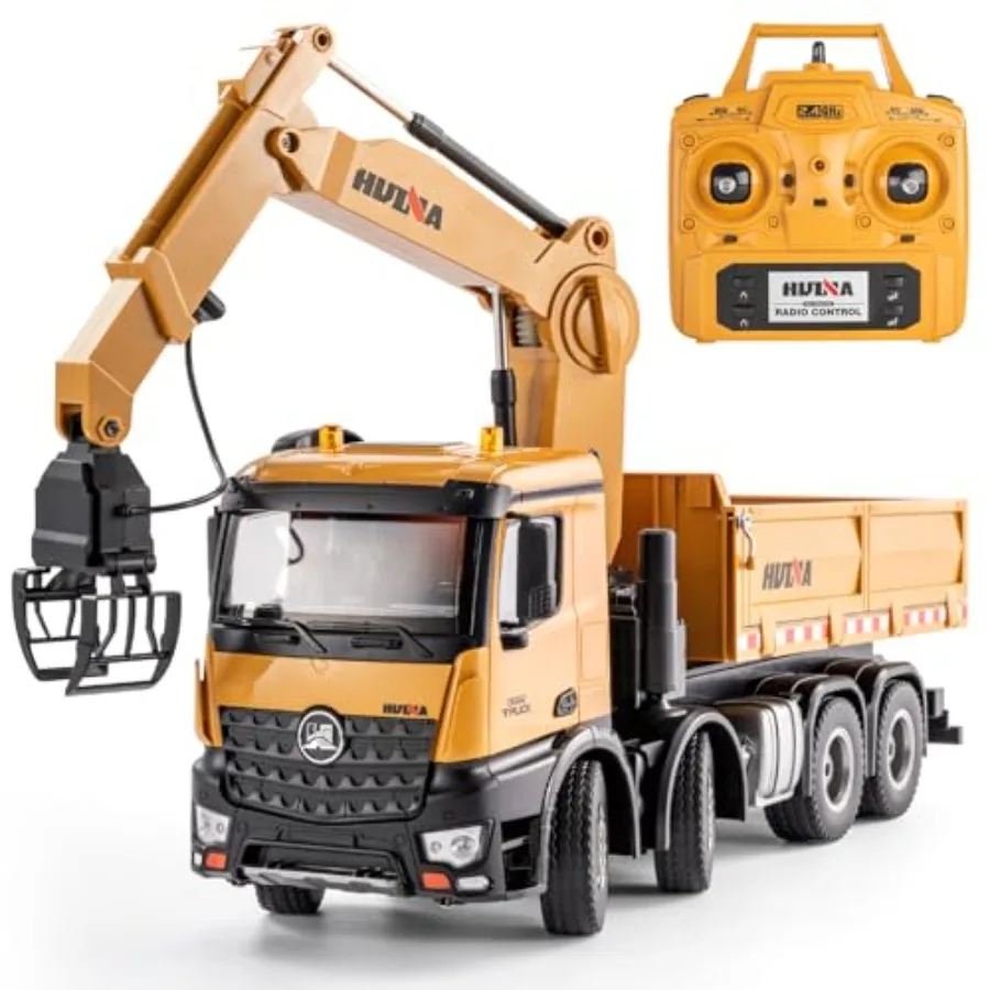 

26CH Remote Control Dump Truck for outdoor construction play, wooden body with gray and yellow finish, 4-in-1 multifunctional o