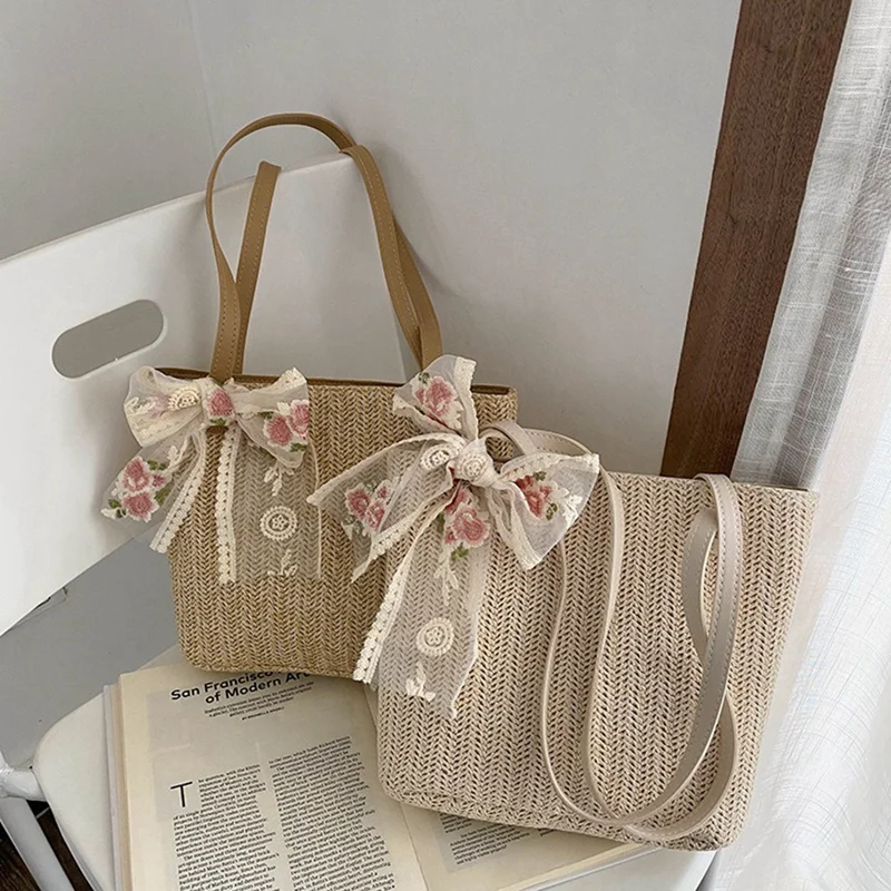 Ladies Summer Straw Bag Lace Bowknot Rattan Bag Large Capacity Leisure Tote Bag Beach Travel Tote Bag