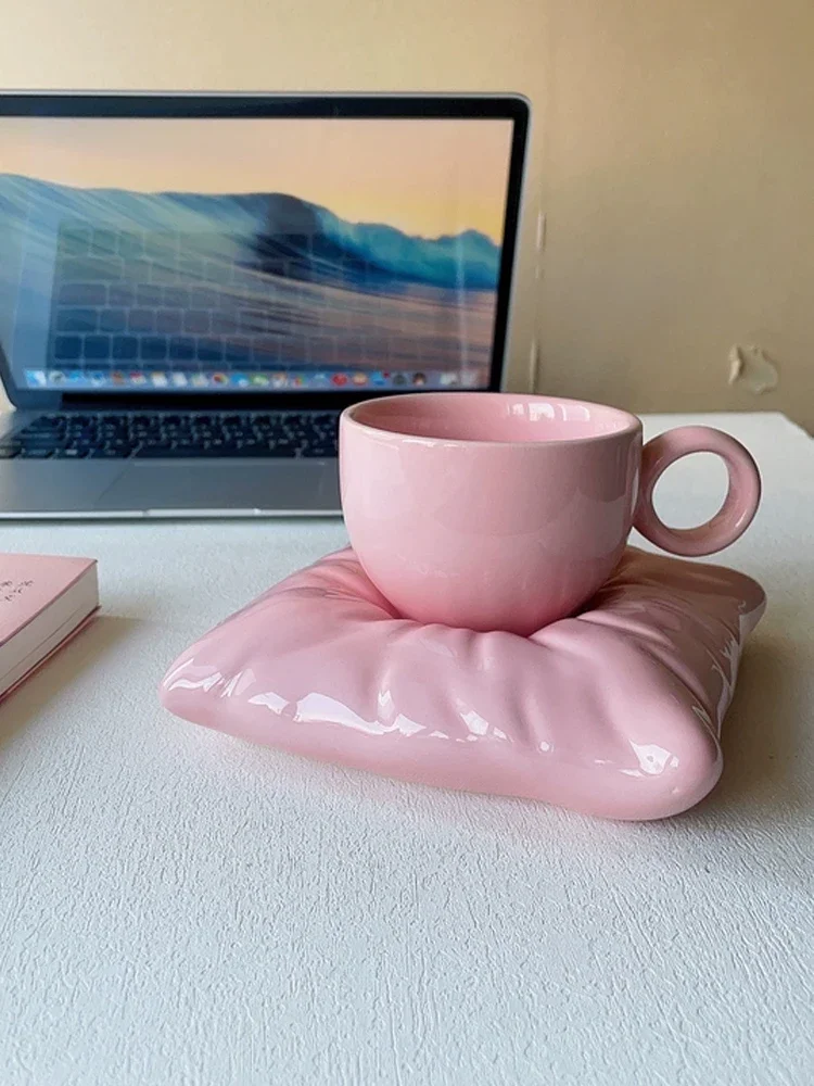 Ahunderjiaz-Pink Ceramic Coffee Mug Set, Creative Flower Pillow Coaster, Kitchen Drinkware, Girls Gift, Home Mugs