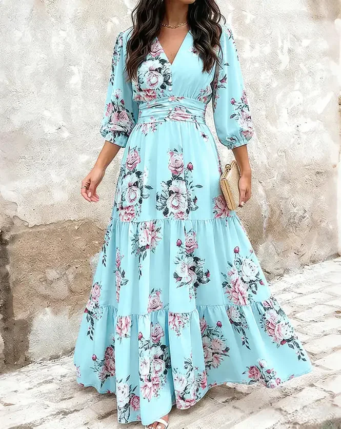 

2026 Summer New Women's Trendy Commuting Printed V-Neck Long Dress Shirt with Back Ruffle A-Line Vacation Style Dress