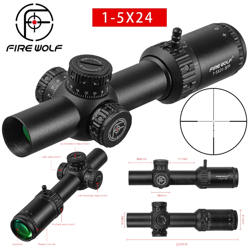 

FIRE WOLF 1-5X24 IR SFP Compact Scope Red Illuminated Tactical Riflescope Lock Reset Hunting Optical Sight