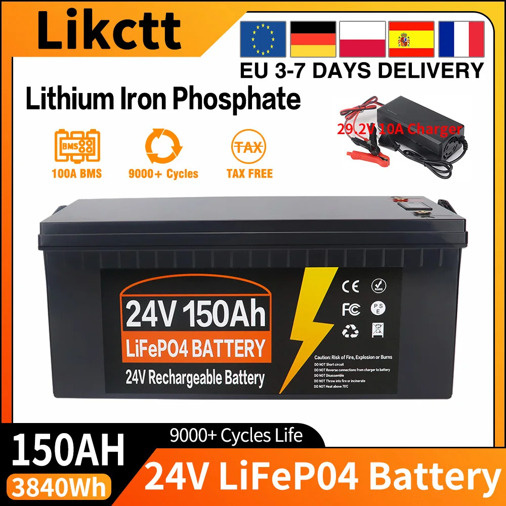 EU-Lager 12V 24V 150Ah 350Ah LiFePO4 Lithium-Eisenphosphat-Batterie, integriertes 100A BMS, 9000 Zyklen, IP65 und Kälteschutz, perfekt für Wohnmobile, netzunabhängige Anwendungen, Boote, Solaranlagen