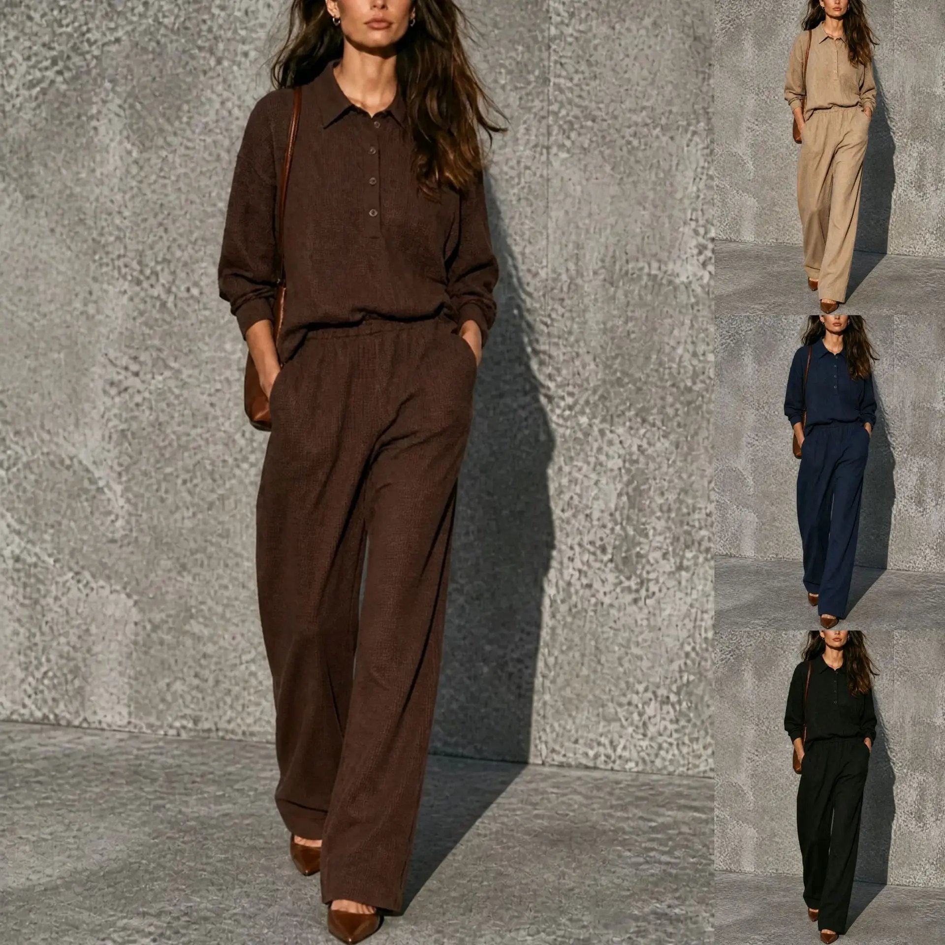 Women 2 Piece Sets Pant Set Turn Down Collar Full Sleeve Shirt Buttons Work Casual Wide Leg Pants Elastic Waist Y2k Streetwear