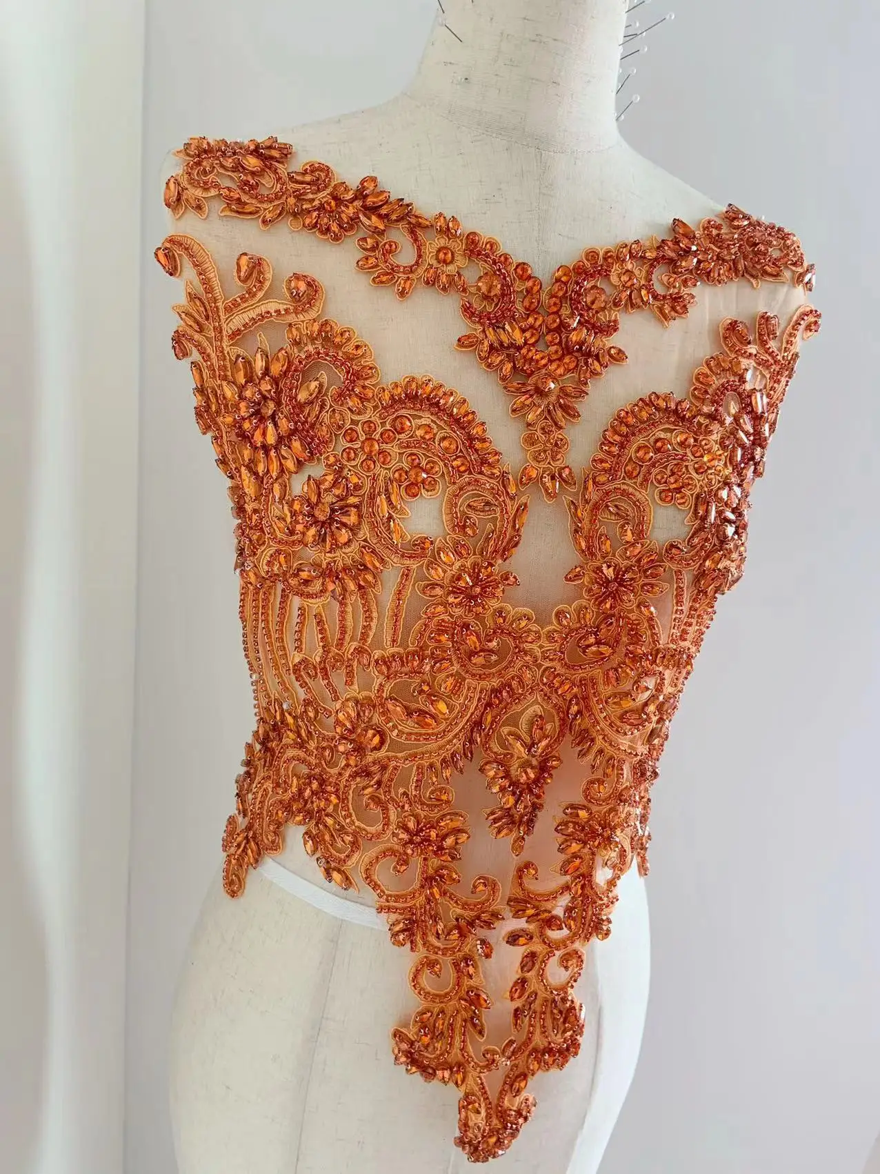 Large Handmade Orange Crystal Applique Heavy Bead Rhinestone Bodice Patch for Wedding Dress,Ball Gown,Couture,Costume Supplies