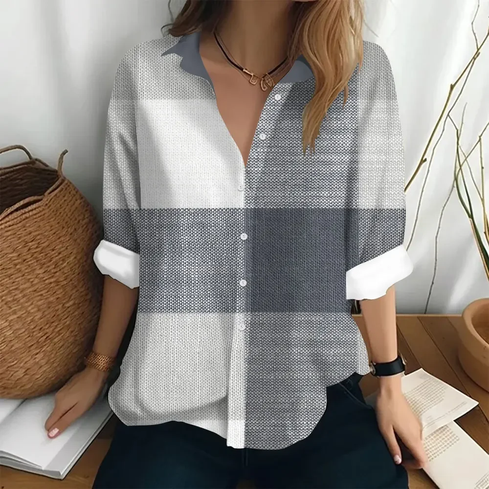 

2025 New Spring Summer Women Shirt Long Sleeve Fashion 3D Grid Print Blouse Loose Button Top Casual Single Breasted Ladies Shirt