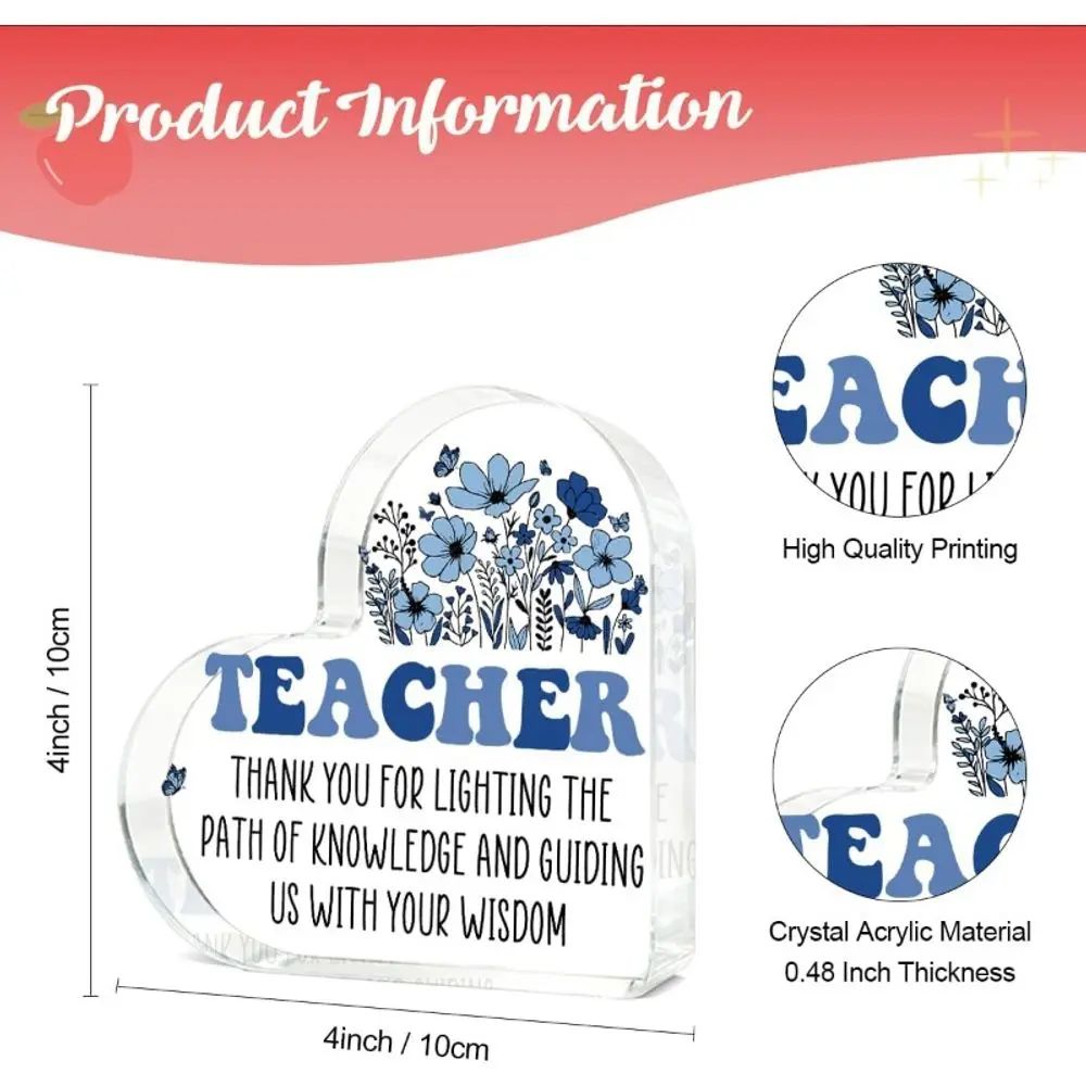 Acrylic Heart Teacher Appreciation Gift, Birthday Christmas Retirement Graduation Desk Decor for Men & Women Teachers