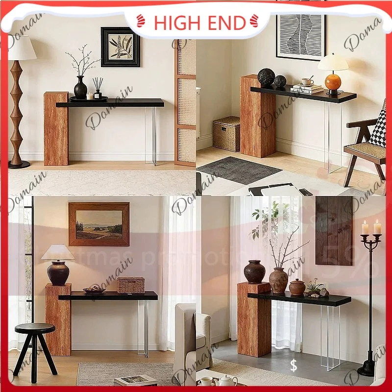 SF Wabi-Sabi Natural Travertine Entry Console Table Solid Wood Creative Narrow Wall Table for Living Room
