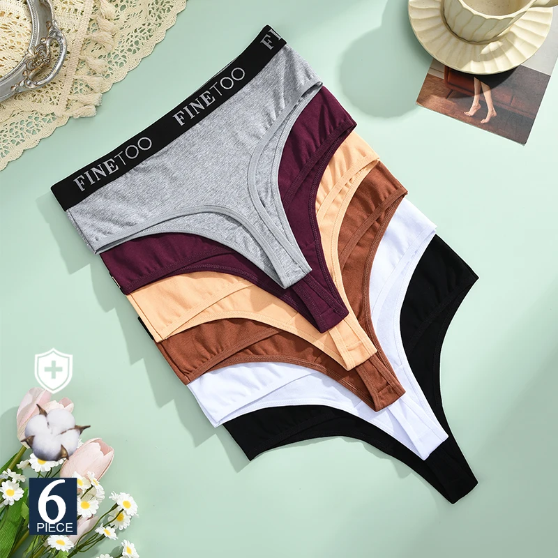 FINETOO 6Pcs Women Cotton Thongs Panties Female Ribbed High Rise G-String Ladies Sexy Bikini 6 Solid Color Girl Soft Intimates