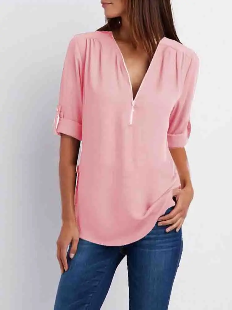 Zipper Short Sleeve Women Shirts Sexy V Neck Solid Color Loose Chiffon Blouse Top Office Lady Casual Oversize T-shirt