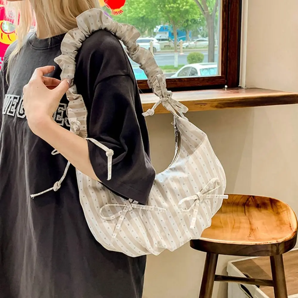 

Elegant Sweet Cloth Dumpling Bag Stripe Fresh Color Bowknot Tote Bag Pastoral Style Underarm Bag Pleated Shoulder Bag Students