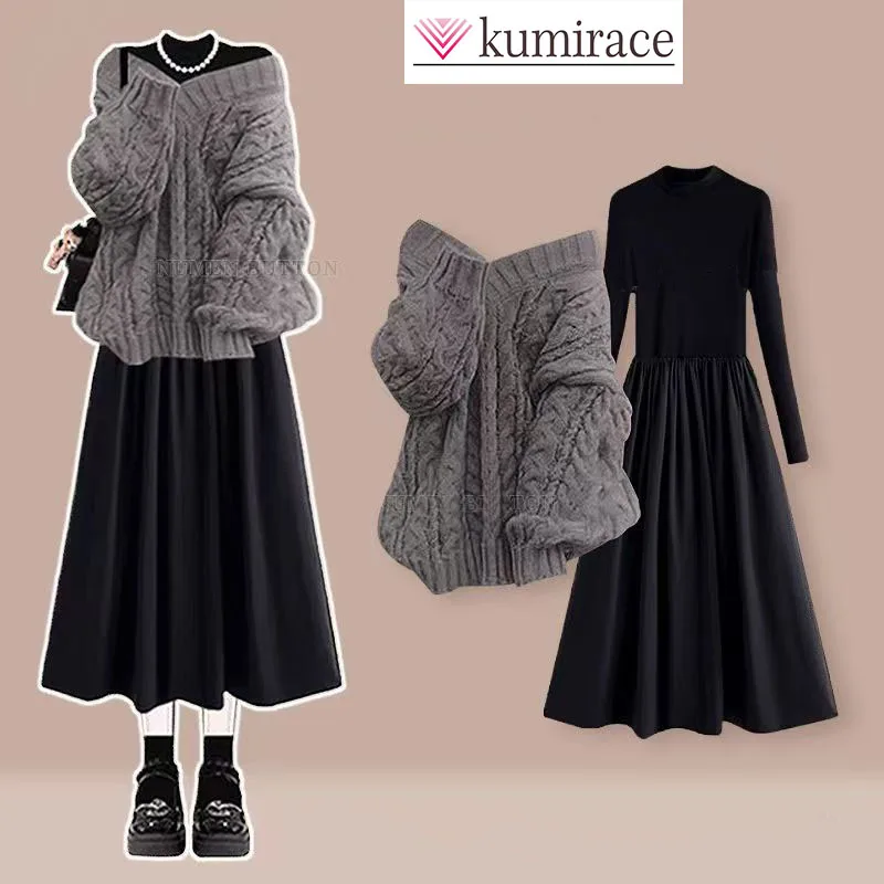 

Large Size Autumn Korean Set Women's Age Reducing Knitted Sweater Paired with Hepburn Style French Dress Two-piece Set Knitted