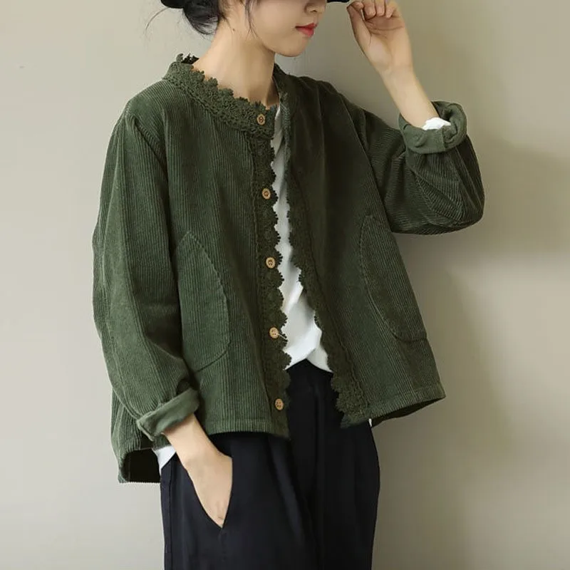 Loose Literary Long-sleeved Round Neck Women's Jacket 2024 Spring New Solid Color Corduroy Lace All-match Short Jacket Stitching