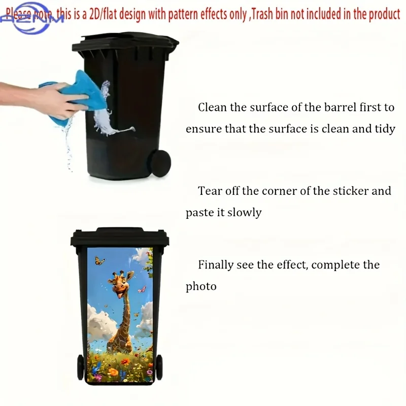 Trash Can Sticker. 37.01*81.99cm. Giraffe, Butterflies and Flowering Plants Pattern. Cheerful and Childlike. Creative Trash Ca view 6