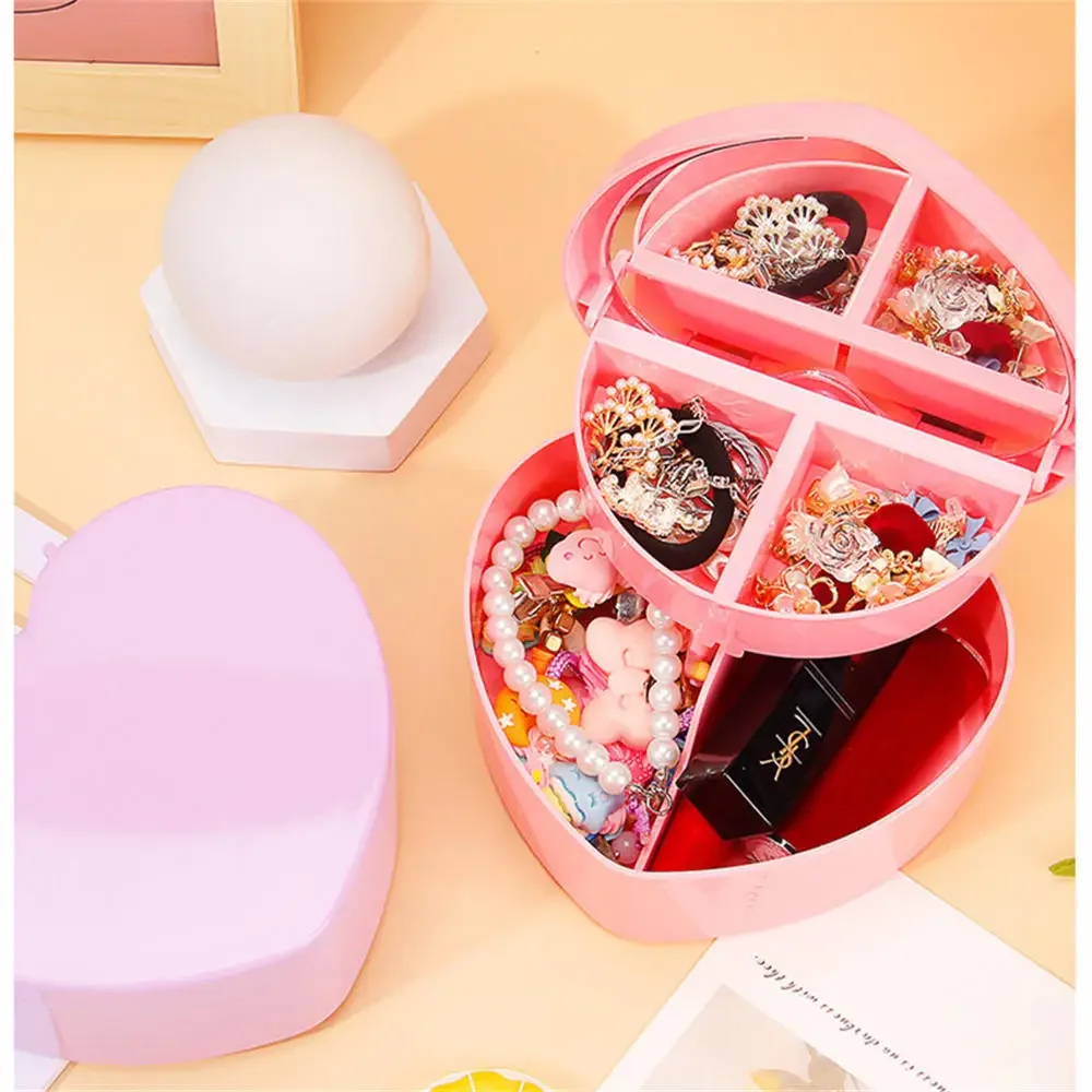 Caixa de jóias em forma de coração para menina Organizador de maquiagem com espelho Cute Plastic Box Make Up Storage Container Ferramenta de jóias