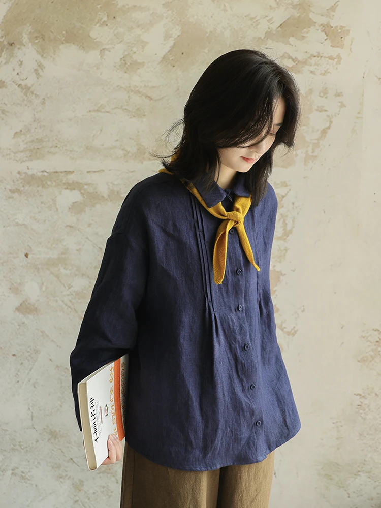 

Стильная свободная блузка с длинным рукавом и классическим воротником из тканого конопляного полотна для ранней осени, модная, свободного кроя