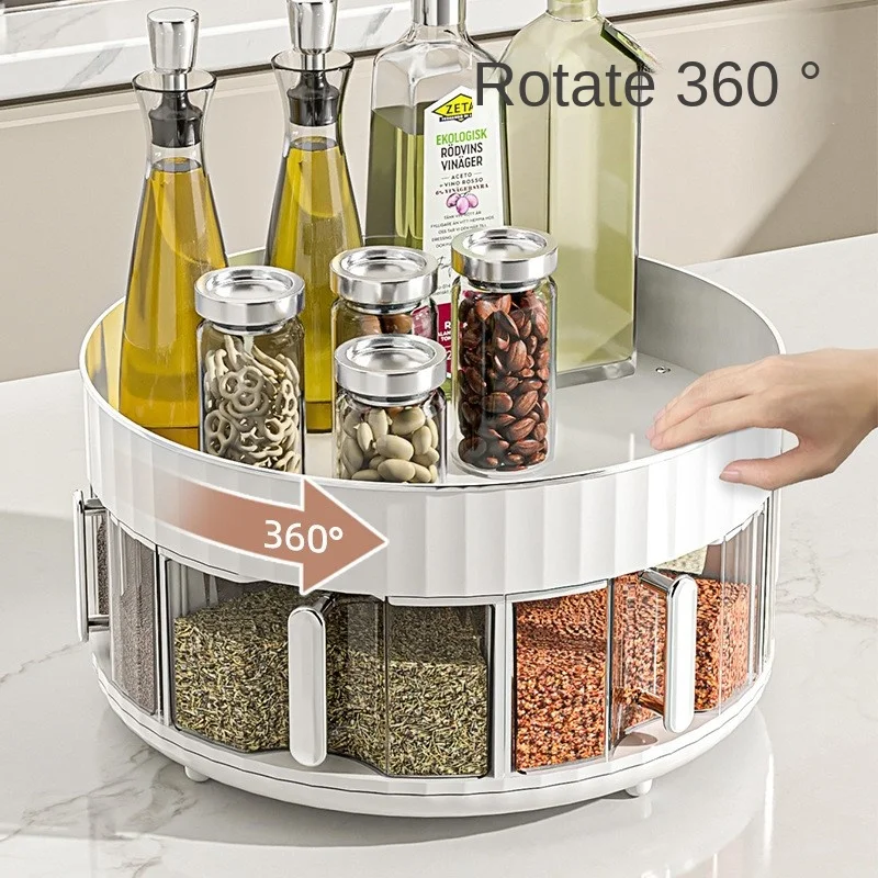 Kitchen Seasoning Box Integrated Multi Grid Seasoning Storage Countertop Rotating Seasoning Oil Salt Sauce Vinegar Bottle Shelf