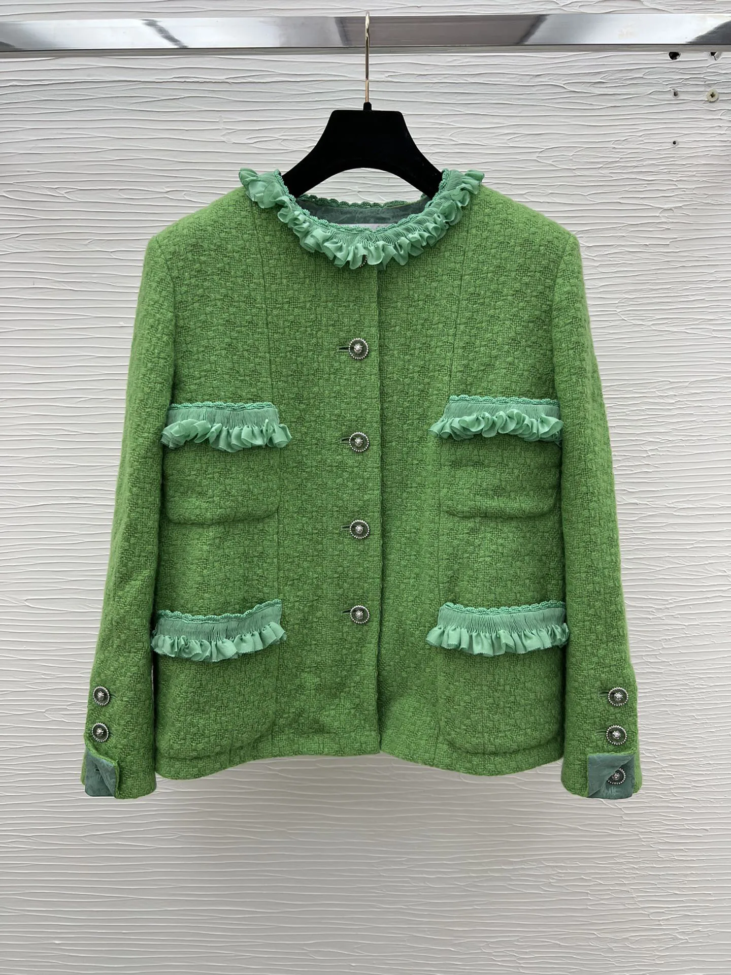 2024 Summer and Autumn New Women's Clothing Green round neck folded lace collar woolen coat 0808