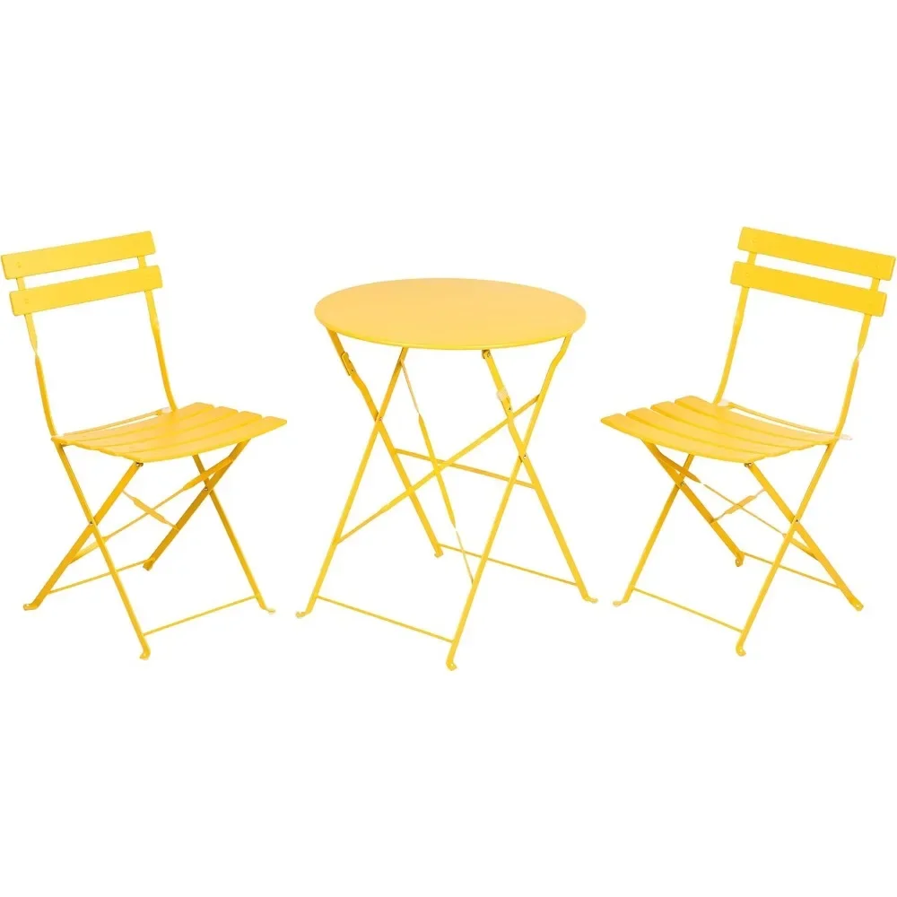طقم بيسترو مكون من 3 قطع، طقم أثاث خارجي قابل للطي مع إطار فولاذي ممتاز، تصميم محمول للبيسترو والشرفة، أصفر #1