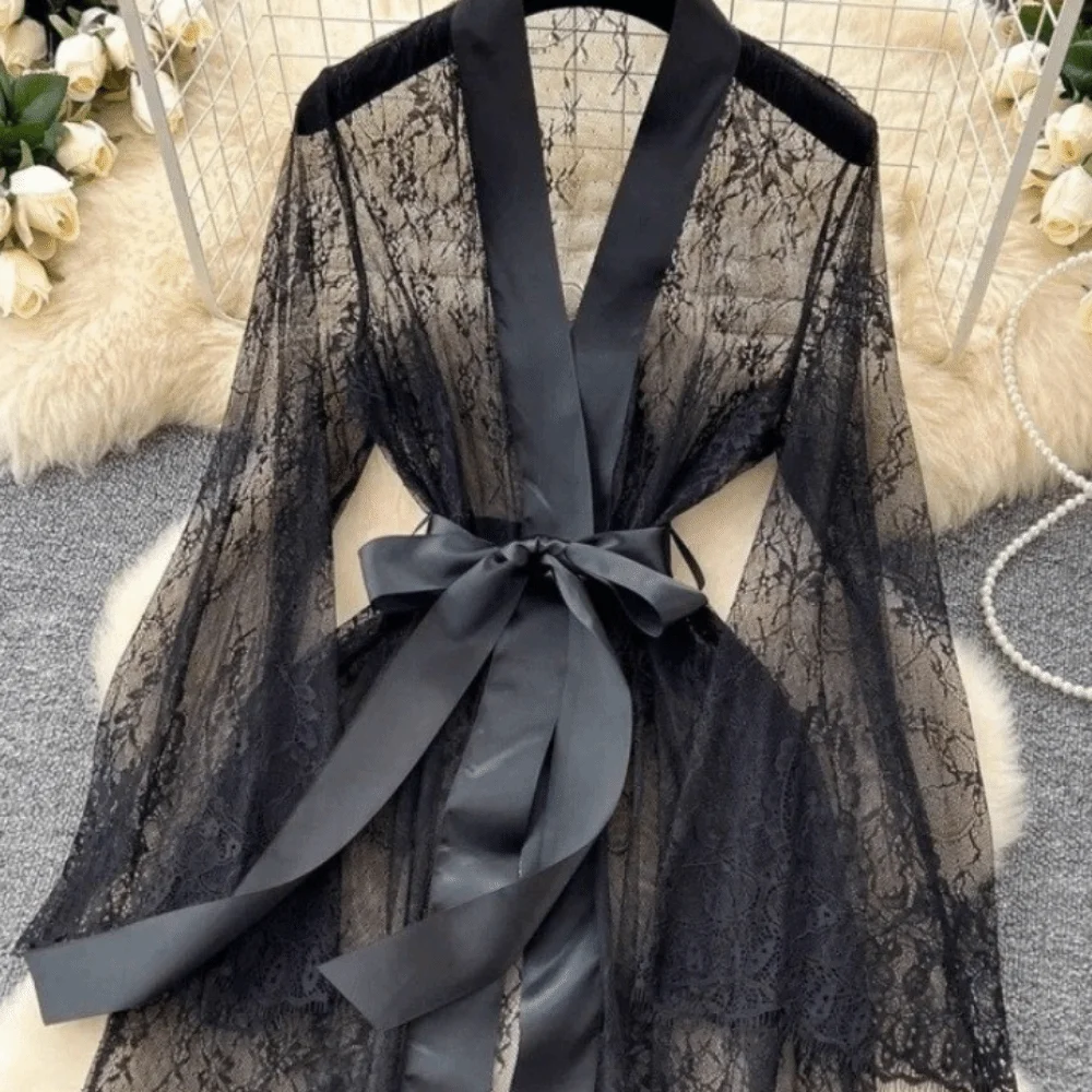 Elegant Long Sleeve Long Lace Robes Hollow Out Nightdress Sheer Robes Dress Transparent Ultra-thin Bridal Robe Appointment view 2