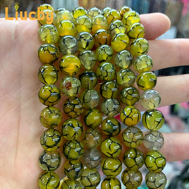 Wzór smoka agat kamień naturalny żółte okrągłe koraliki do tworzenia biżuterii DIY akcesoria bransoletki 15 "nić 4/6/8/10/12/14MM