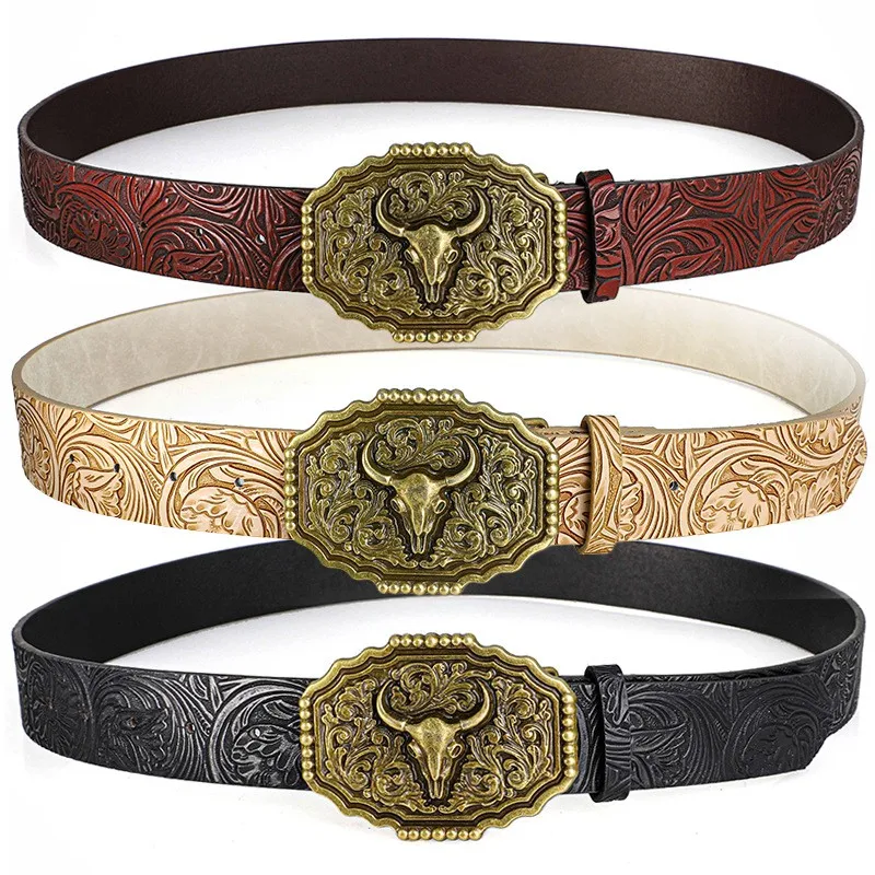 Western Cowboy Style Vintage Casual Belts - Ox Head Carved Buckle & Bohemian Print, Perfect For Daily Commute & Dating Outfits