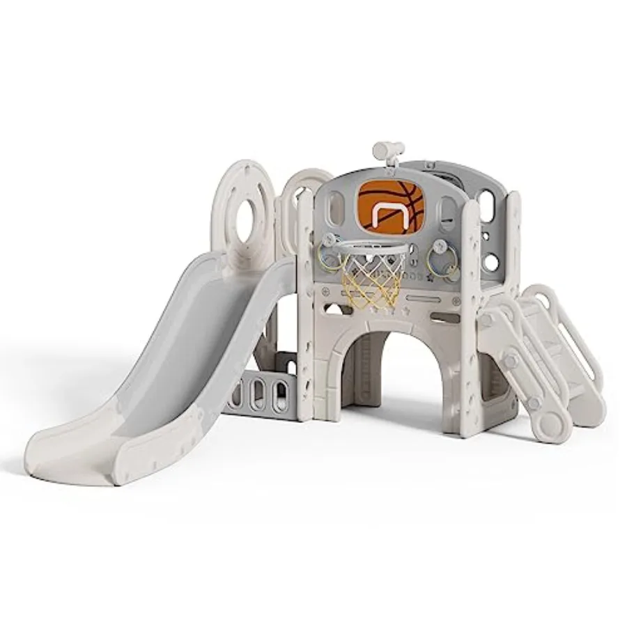 

Slide Playset Toddlers Playground Playhouse with Slide Tunnel Basketball Climber and Storage Space Playhouse White + Grey