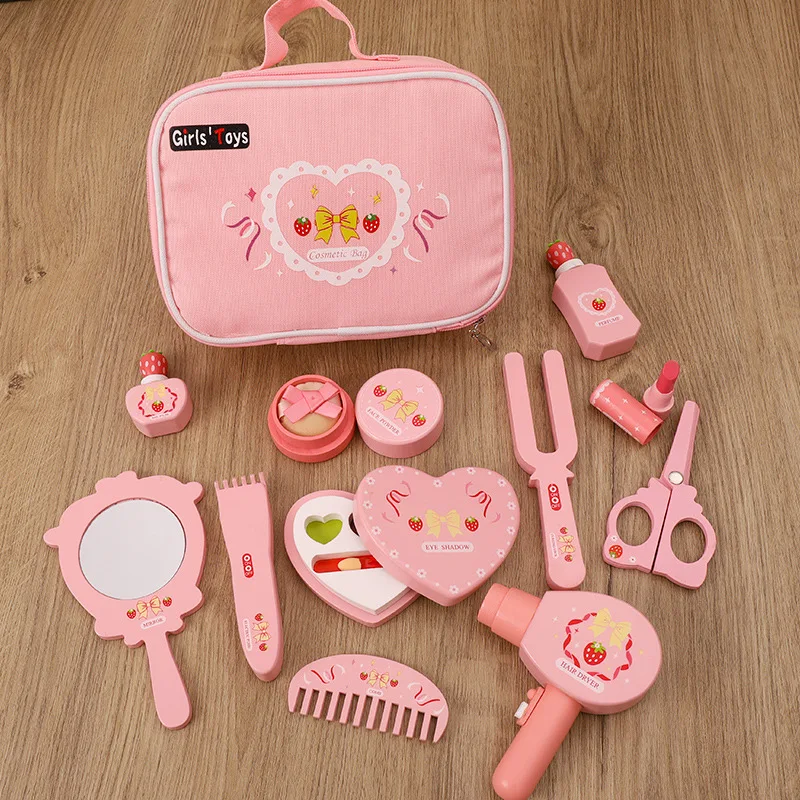 مجموعة ألعاب خشبية للأطفال ، حقيبة مكياج وردية اللون ، فتاة محاكاة ، طاولة زينة ، ألعاب مستحضرات التجميل ، هدية عيد ميلاد للفتيات