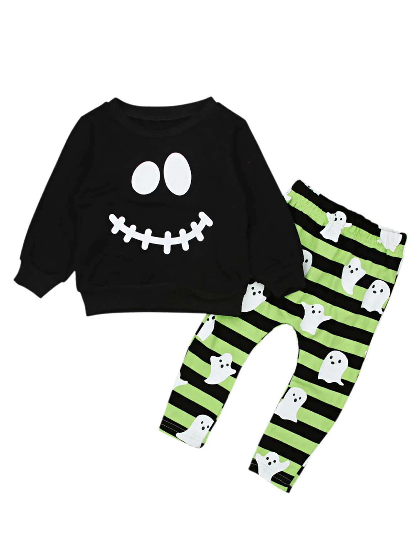 Children\'s European and American spring and autumn style boys long-sleeved Halloween smiley expression two-piece striped chi