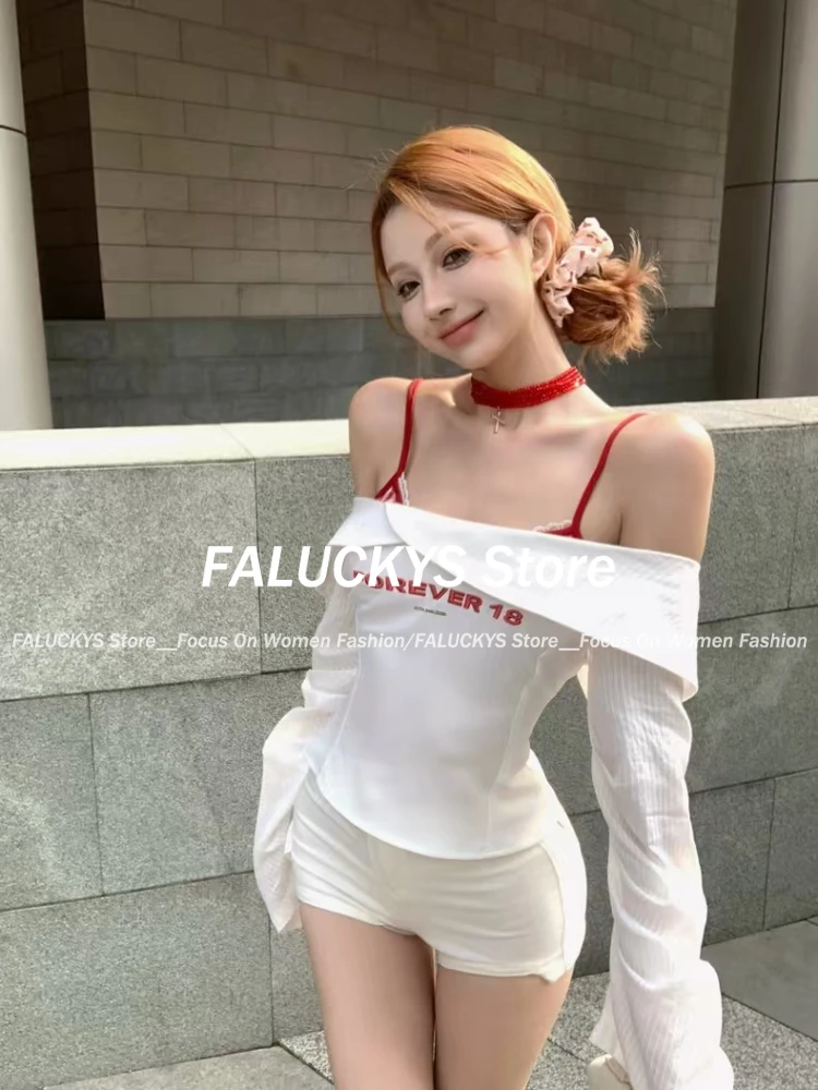 Autumn Streetwear Off-shoulder Letter Embroidery Sexy White Shirt Women + Casual Plaid Camisole Hot Girls Two Piece Set 2024 New