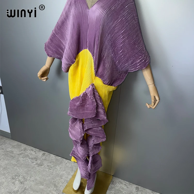 WINYI New Pleated Slim High-Fork Dress for Women Fashion Beach Cover-Up Muslim Kaftan Abaya Dubai Luxury Long Evening Gown