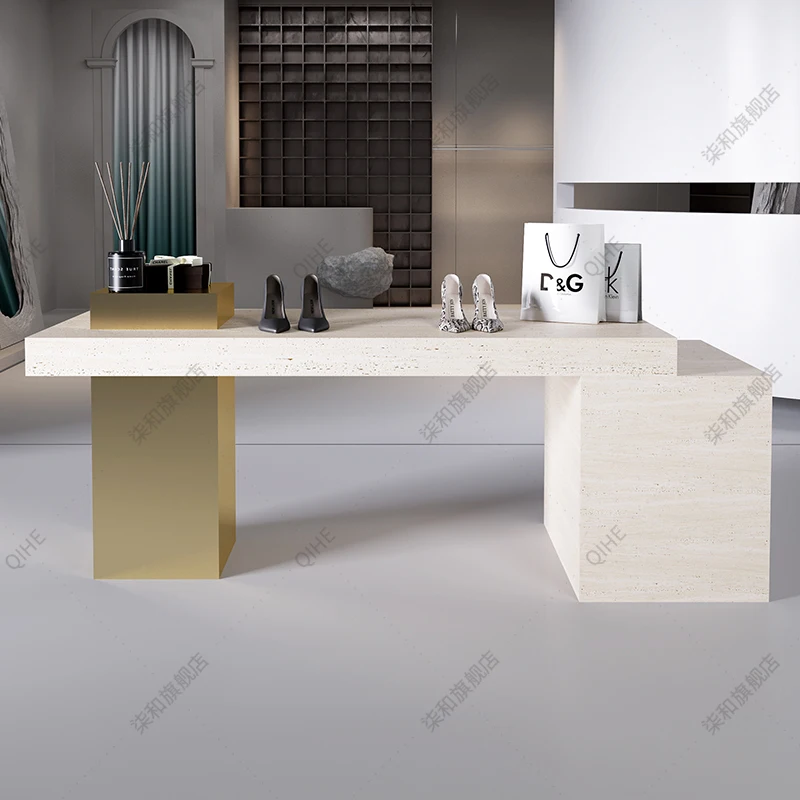 XL Clothing Store Travertine Island Display Table Stainless Steel Flowing Water Table Storage Table