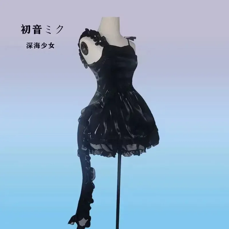ミクファッションブラックサテンストラップスカートアニメボーカロイド深海コスプレ衣装ハロウィンカーニバル衣装レディガールズ、8歳、6歳用。