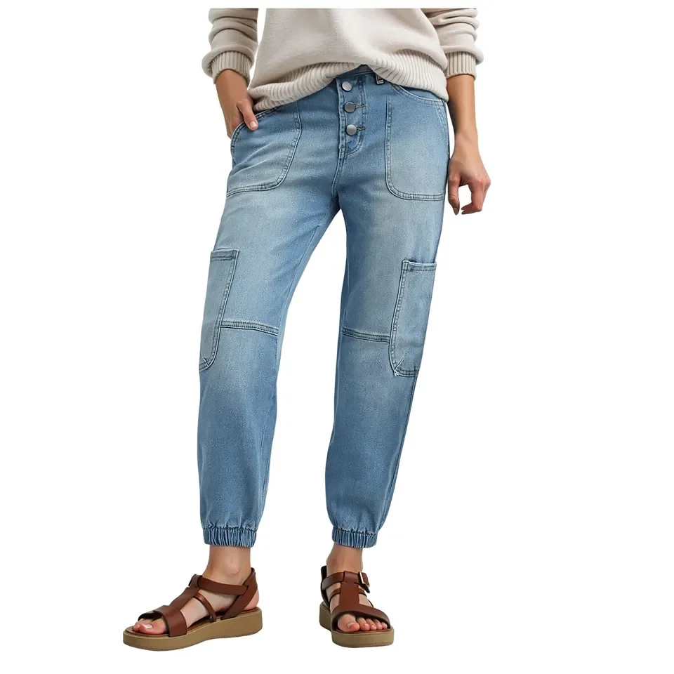 

Ladies' Casual Fashionable Elastic Pants Button Fly Jeans For Women Pocket Mid Rise Jeans Without Belt Denim Pants Женские брюки