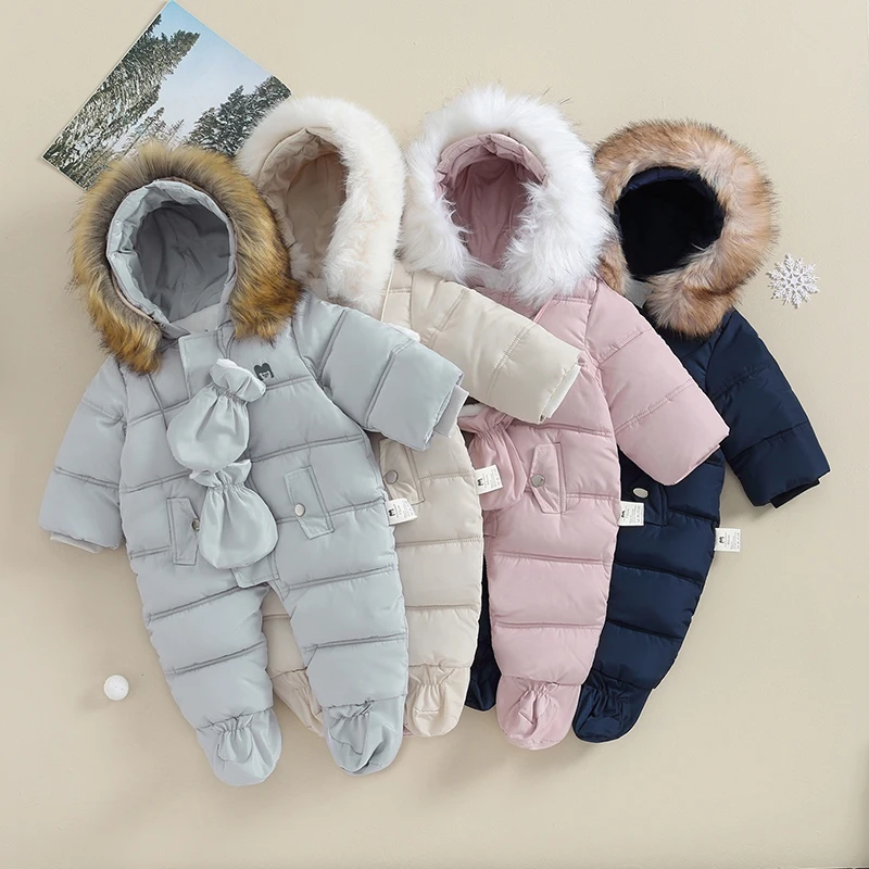 0-24months Baby Winter Snowsuit Jumpsuit Coat Romper Warm Outwear Hooded Puffer Footie Jumpsuit For Infant Boys And Girls