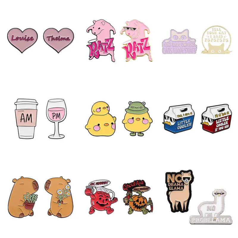 Cartoon Animals 2Pcs/Sets Enamel Pin Creative Capybara Ducks Alpacas Halloween Ghosts Metal Brooch Lapel Badge Wholesale Jewelry