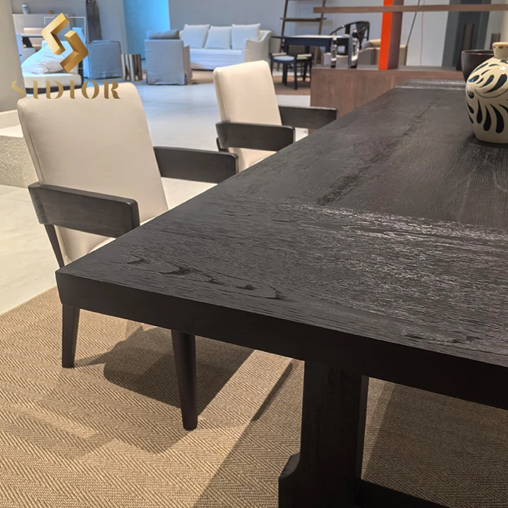 Postmodern Mid century Black Ash Oak Walnut Solid Wood Rectangle Dinning Table Set 6 8 10 Seater Chair for Villa Apartment