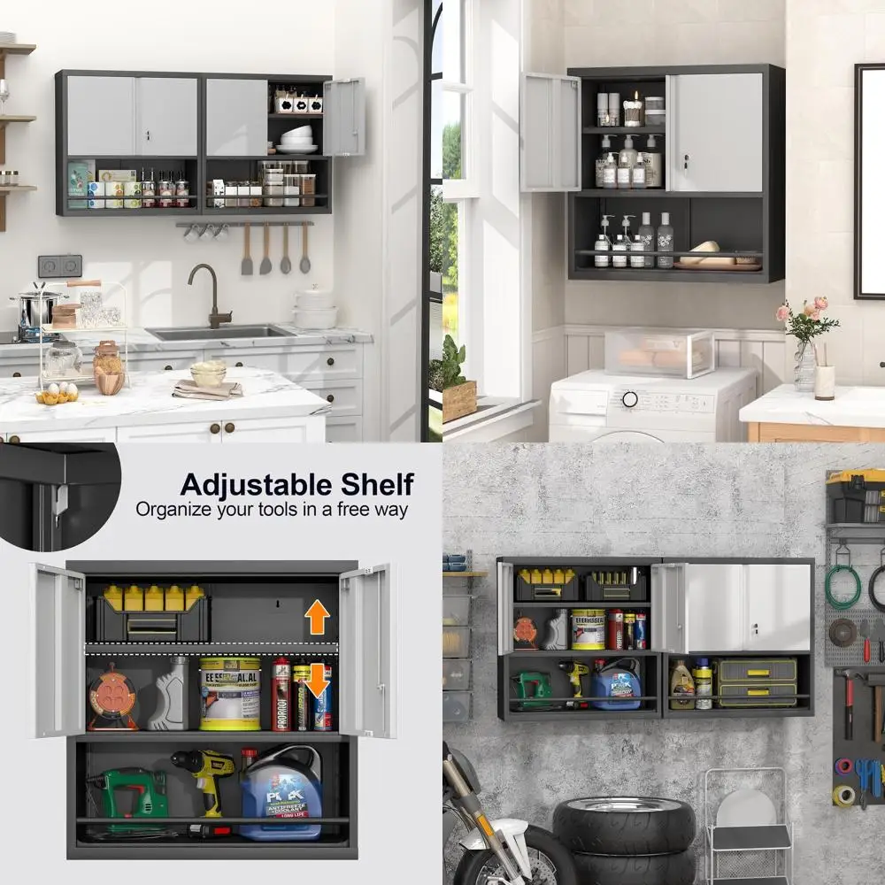 

31 Tall Metal Garage Storage Cabinet with Doors & Shelves, Lockable, Wall-Mount Utility Room Organizer in Black & Grey