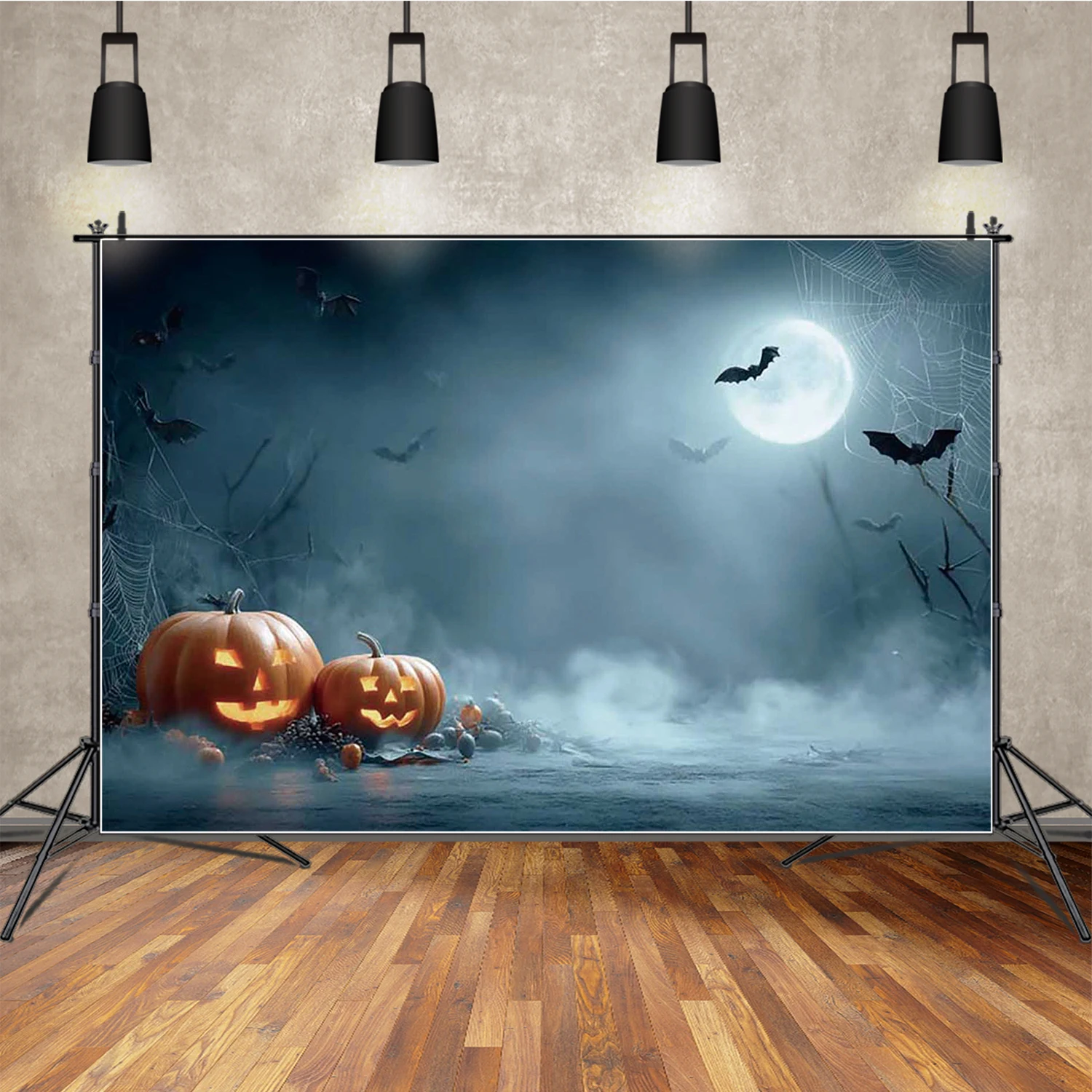 

MOON.QG Halloween Backdrop Jack O' Lanterns Bats Spider Webs Background Portrait Party Photocall Shooting Props Party Supplies
