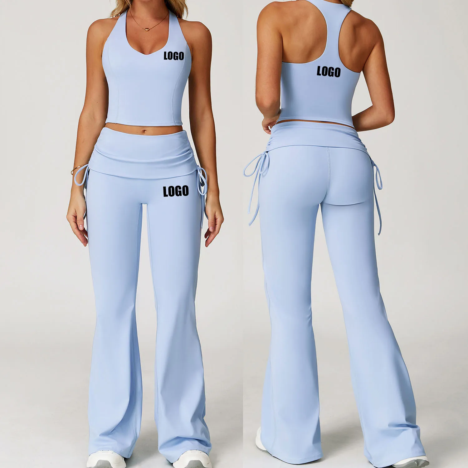 

Customized LOGO women's nude yoga set I-shaped beautiful back folded high waist fitness suit sports running trousers set