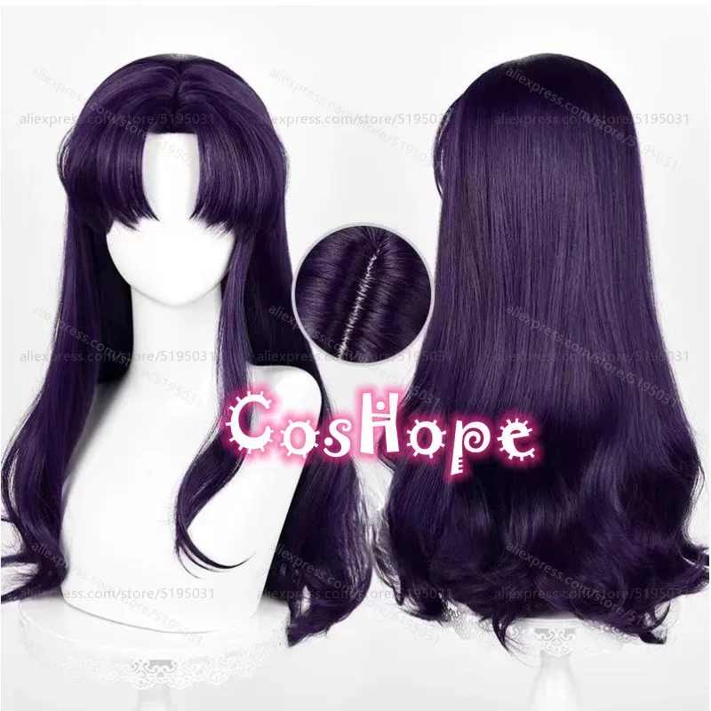 Katsuragi Misato 55cm طويل مجعد أسود أرجواني شعر مستعار أنيمي تأثيري مقاومة للحرارة بيروكات صناعية هالوين