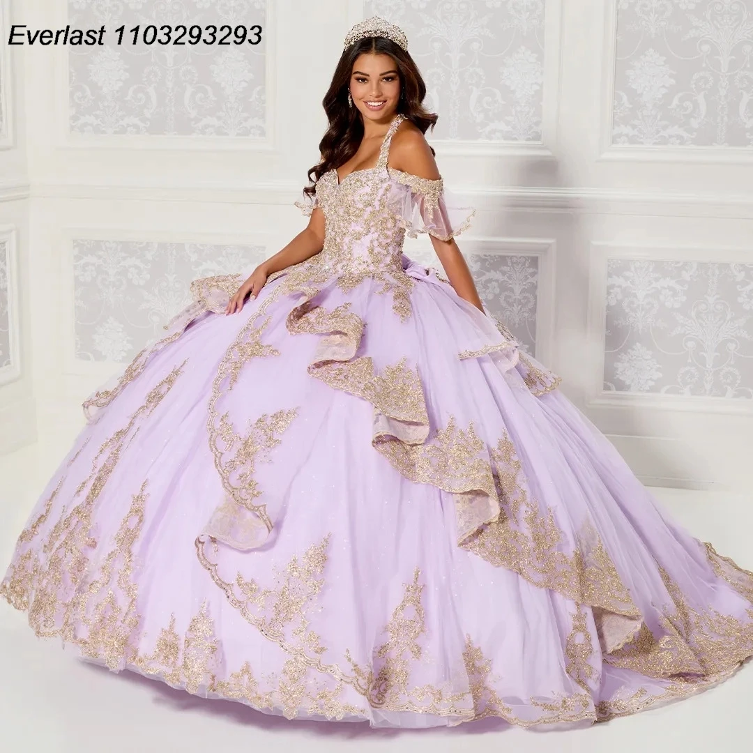 EVLAST Glitter Blush Pink Quinceanera Dress Ball Gown Lace Applique perline con fiocco corsetto Sweet 16 Vestido 15 De asenos TQD232