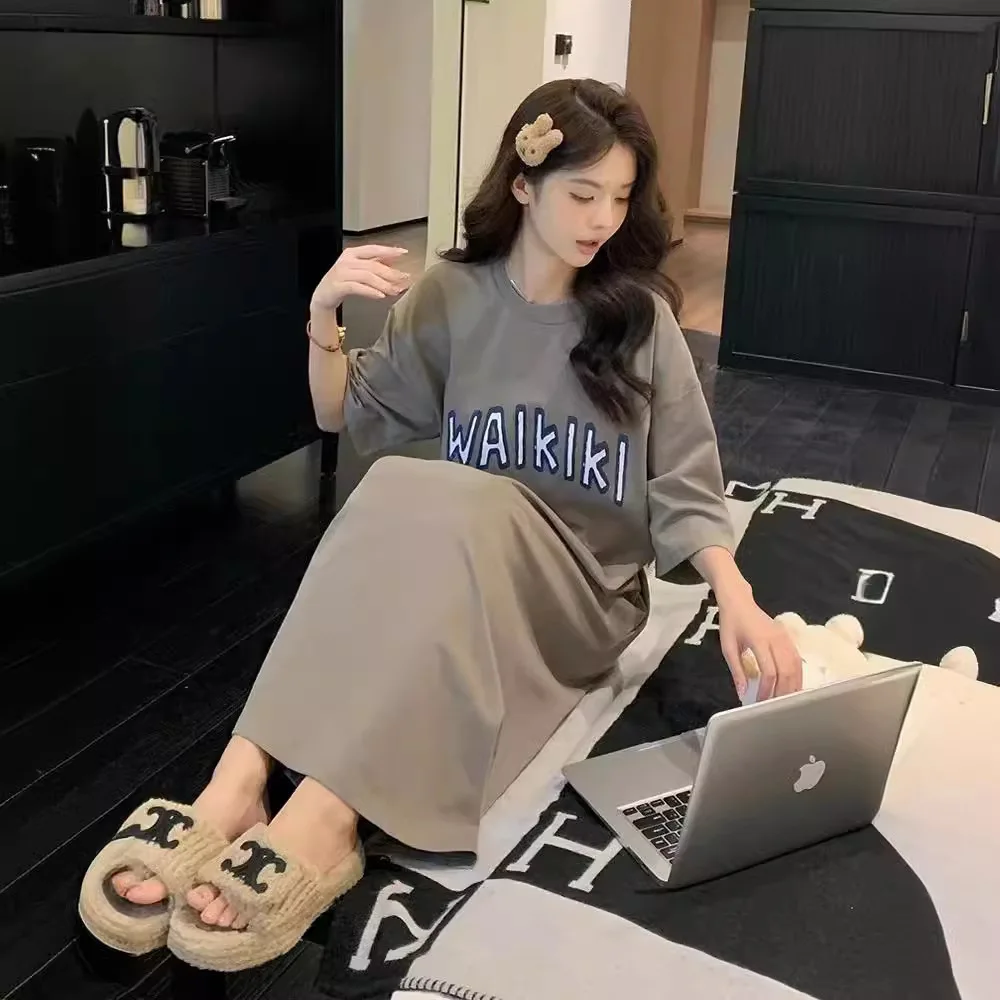 ฤดูร้อนใหม่ผู้หญิงเกาหลีเสื้อยืดชุด Vestidos Robe Elbise หลวม PLUS ขนาดพิมพ์แขนสั้นชุดลําลองยาว Vestidos