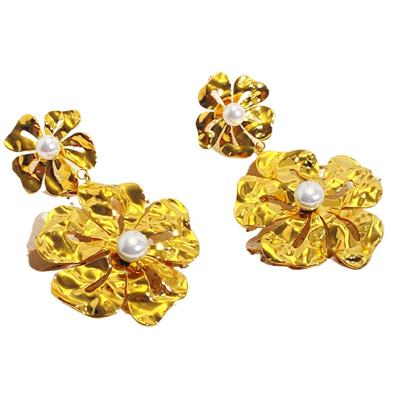 

PRISCA | Big Metal Flower Earring Women Stainless Steel Korean Fashion Pearl Jewelry New Design