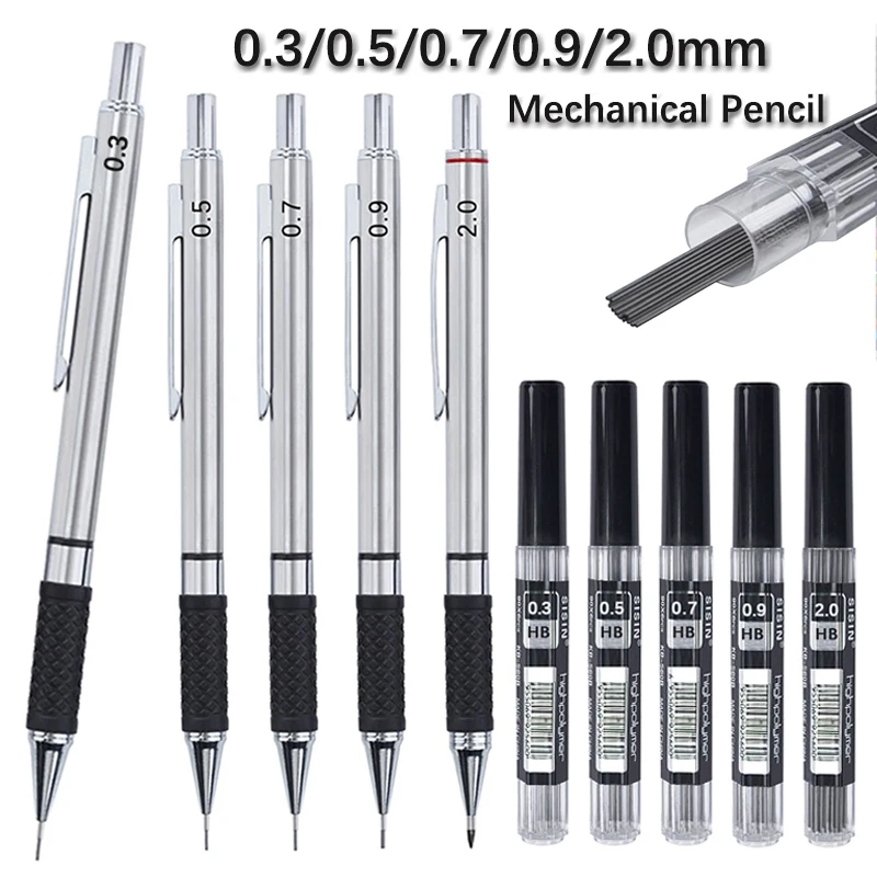 0.3 0.5 0.7 0.9 2.0mm Metal Automatic Pencil with Protective Cover HB Lead Core Sketching Painting Writing Stationery Supplies