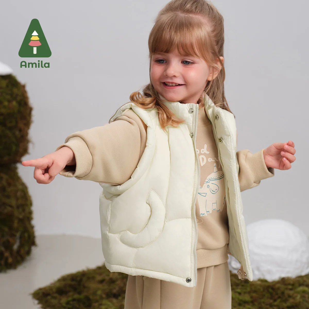 Amila Baby Vest 2024 Winter New High Quality Boys And Girls Solid Color Soft Warm White Duck Down Loose Casual Children‘s Jacket