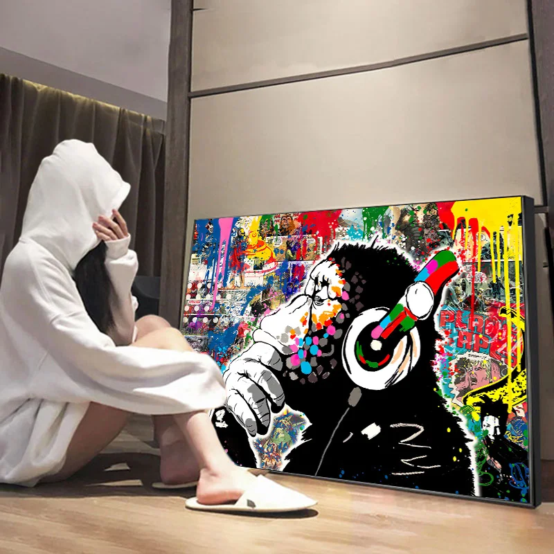 The Boy Behind The Curtains Graffiti Poster Banksy Street Art Funny Monkey Canvas Painting Print Wall Art for Home Bedroom Decor