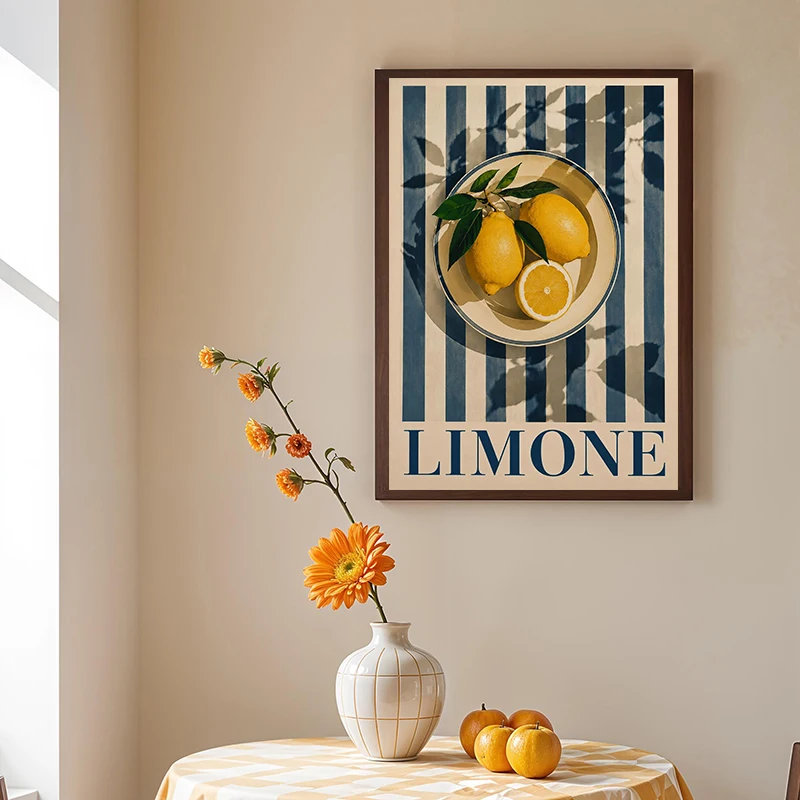 Orange Lemon Strawberry Peach Kitchen Poster, Vintage Fruit Wall Art, Citrus Canvas Painting Print for Living Room Home Decor