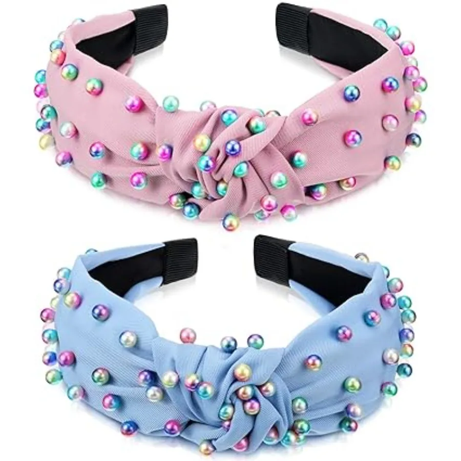 2 Pieces Knotted Headbands Pearl Knotted Hairband Cross Knot Twisted Turban Accessories Mother Teacher Headband Easter Spring Birthday Gift for Women Girls